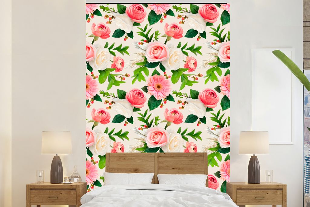MuchoWow Fototapete für Wohnzimmer oder Schlafzimmer Wandtapete Vinyl Motivtapete Blumen - Rosen - Rosa - 180x280 cm - Wallpaper