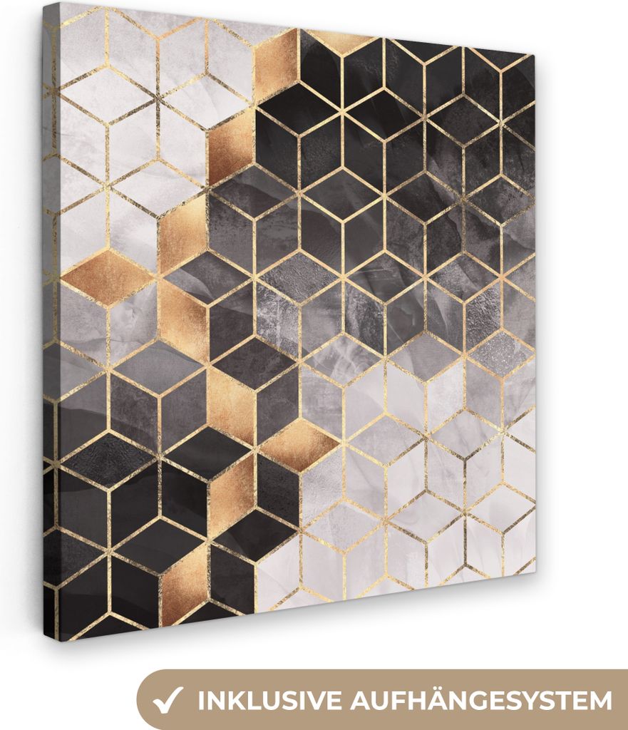 MuchoWow - Leinwandbilder - Abstrakt - Würfel - Gold - Muster - Schwarz - Weiß, Wandbild, Wanddeko Bilder Wohnzimmer, 90x90 cm