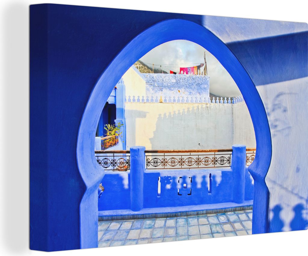 OneMillionCanvasses - Leinwandbilder - 140x90 cm, Blaues Tor in der Stadt Chefchaouen, Wandbilder Kunstdruck Wanddekoration - Foto auf Leinwand -...