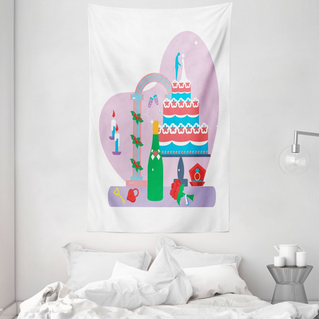 ABAKUHAUS Engagement Wandteppich und Tagesdecke, Bridecake und Wein aus Weiches Mikrofaser Stoff Waschbar ohne Verblassen Digitaldruck, 140 x 230 c...