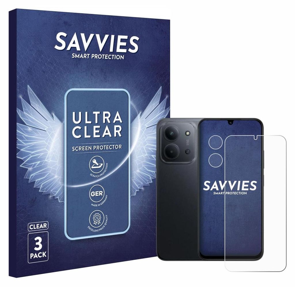 A product shot of a phone screen protector packaging, a smartphone, and a screen protector.