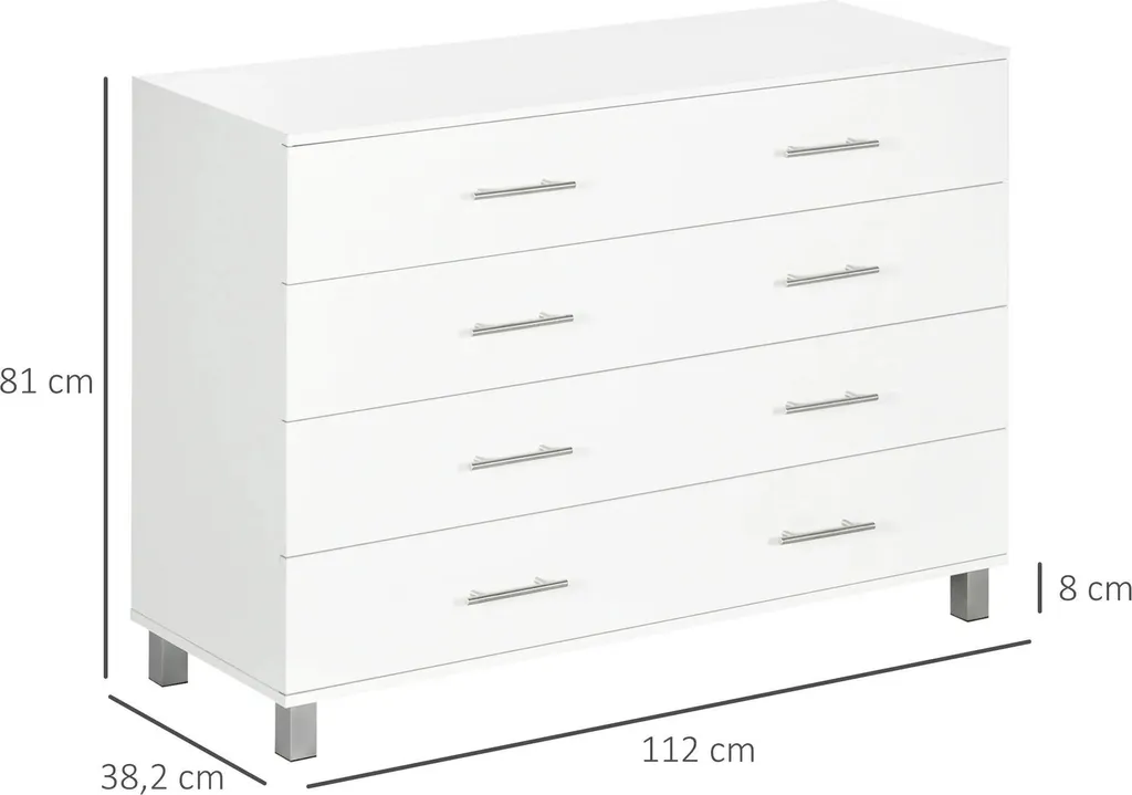 Commode rangement 4 tiroirs blanc pour chambre et salon 112x38x81 cm