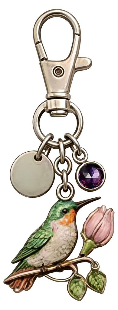 Ein kleiner Kolibri-Schlüsselanhänger mit personalisiertem Geburtsstein und Karte – das perfekte Muttertagsgeschenk für Mama und Ehefrau.