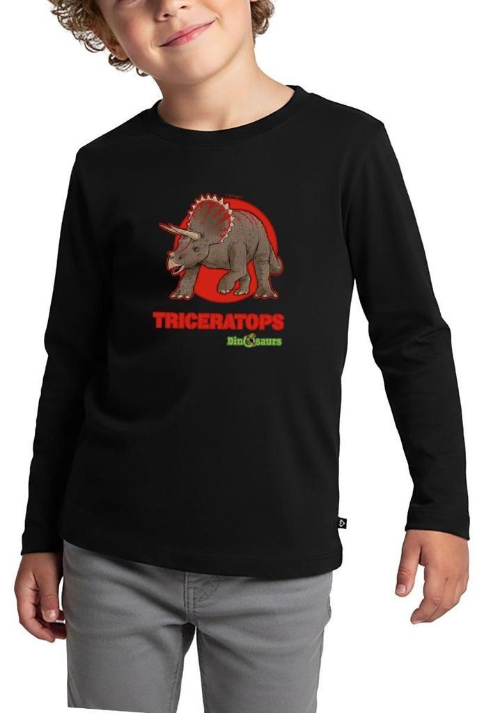 Spreadshirt Dinosaurier Triceratops Pflanzenfresser Kinder Premium Langarmshirt, 134/140 (8 Jahre), Schwarz