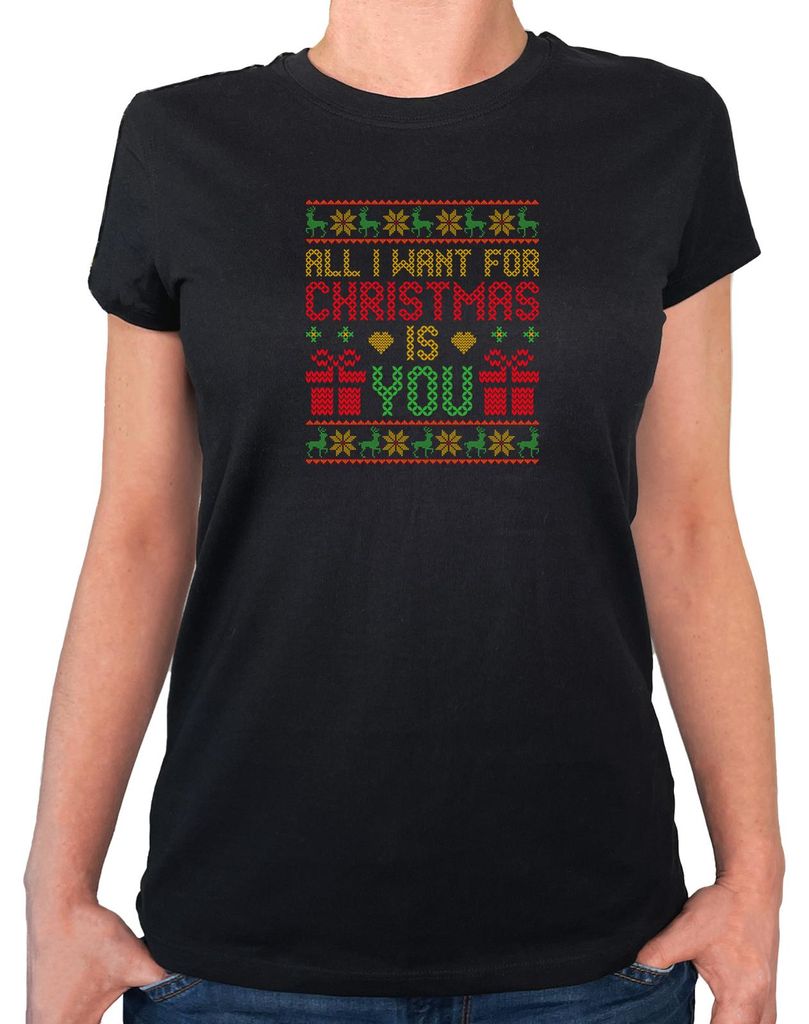 Huuraa Damen T-Shirt Ugly Christmas All I want is you XXL Black Bio Baumwolle Fairtrade Damenshirt Geschenkidee
