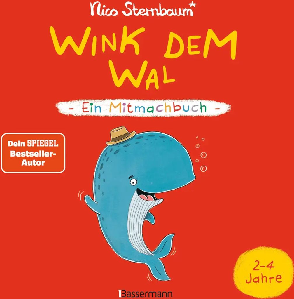 A cartoon whale wearing a hat, with text and badges on a red background.