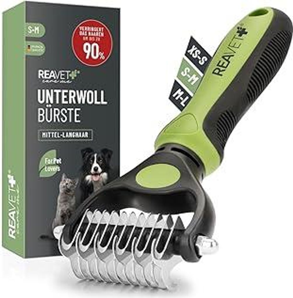 ReaVET Hundebürste & Katzenbürste Unterwollbürste für Langhaar I Mittlere Rassen I Entfernt Unterwolle & Verfilzungen I mit Massageffekt & Deck...