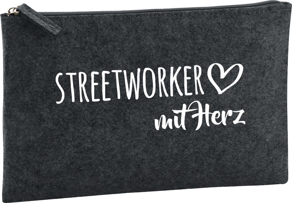 Huuraa Kulturbeutel Streetworker mit Herz 1 Liter Charcoal Filz Kosmetiktasche Geschenkidee