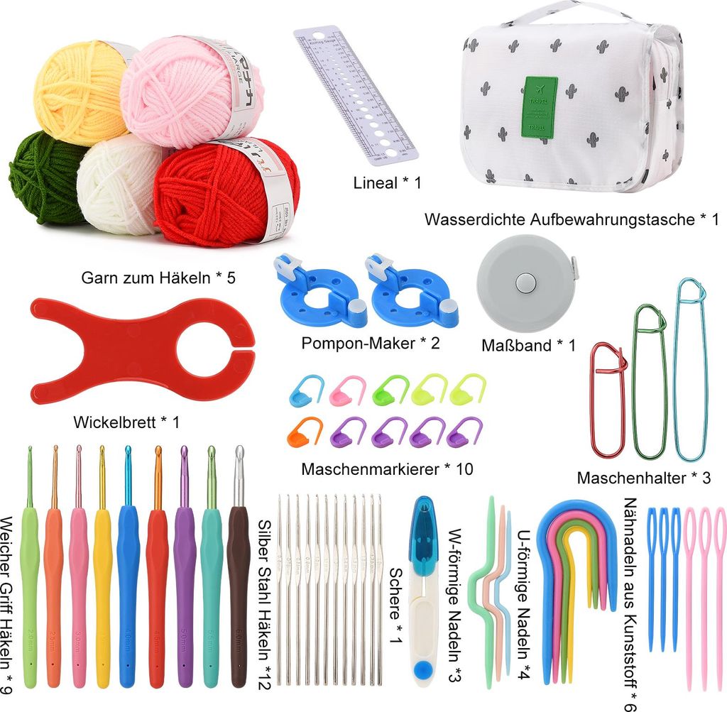 UnboxG 59-teiliges Häkelset mit Aufbewahrungstasche – DIY Häkel- & Strickzubehör Set, Ergonomische Häkelnadeln für Anfänger und Profis