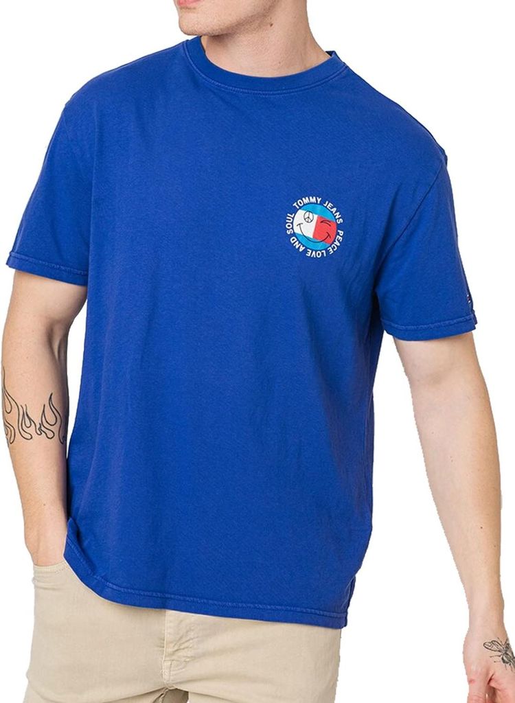 Tommy Jeans Herren TJM PLUS PEACE SMILE T-Shirt Kurzarm Blau
