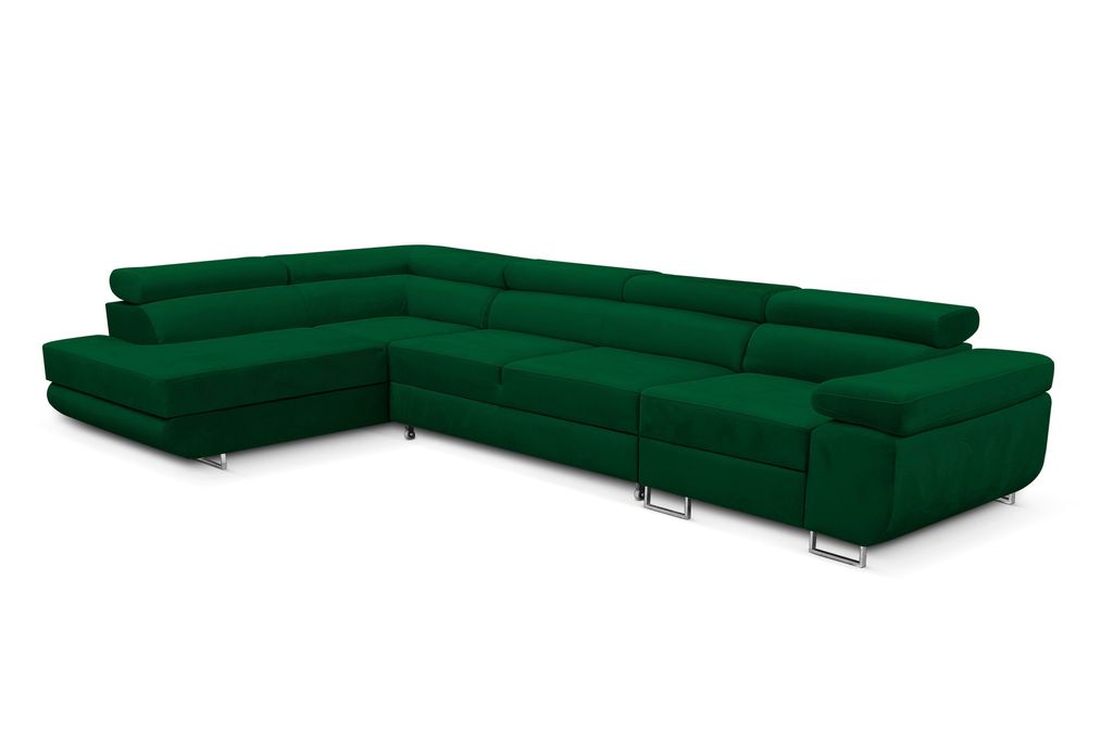 Ecksofa Miami Long Monolith 37 -form mit Schlaffunktion und Bettkasten grün, Links Ottomane