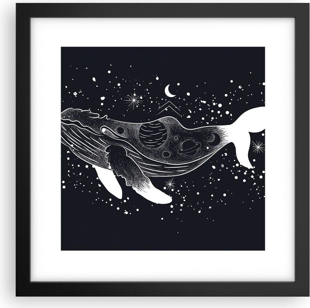 Gerahmtes Poster - Schwarzer Rahmen - Wal Schwarzweiß Grafik - 30x30 cm - Wand Bild - Wanddeko - Wandbilder - Kunstposter - Wandposter - Bilderrah...