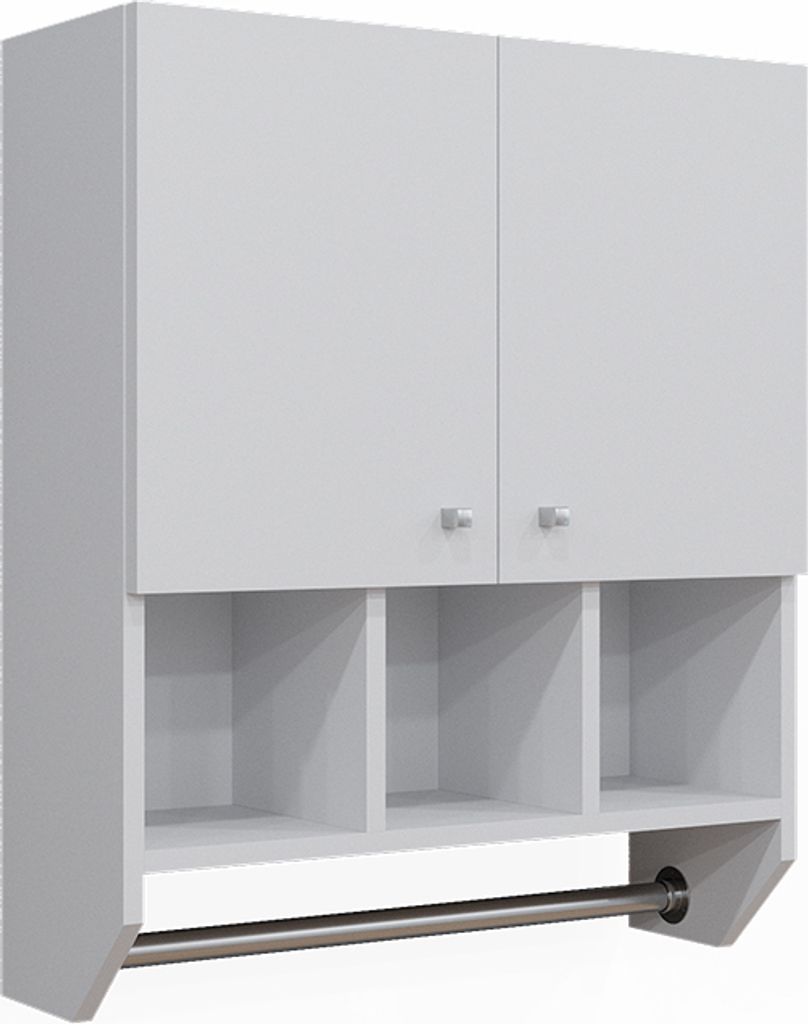 A white wall-mounted cabinet with two doors and three open shelves below, featuring a metal towel bar.