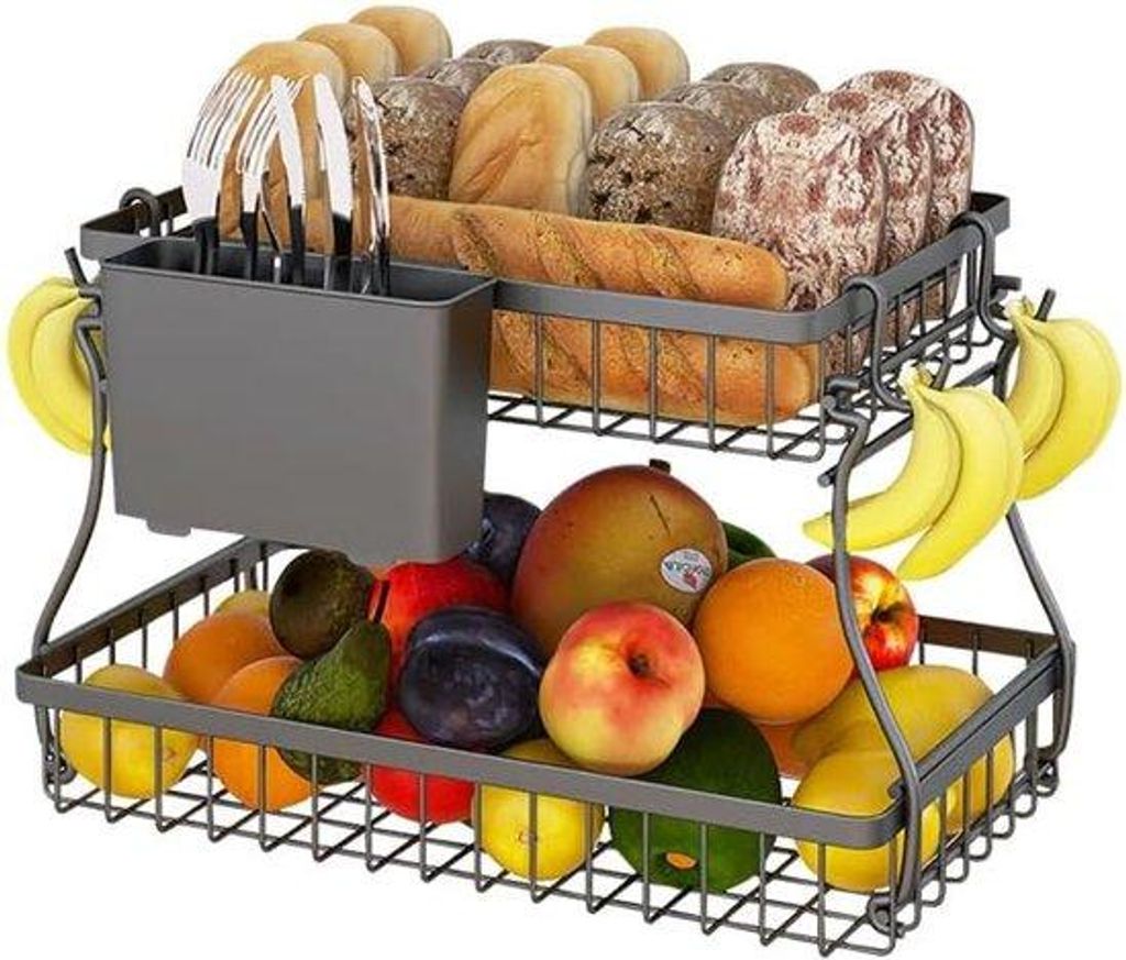 2-lagiger Obstteller schwarz mit Besteckhalter