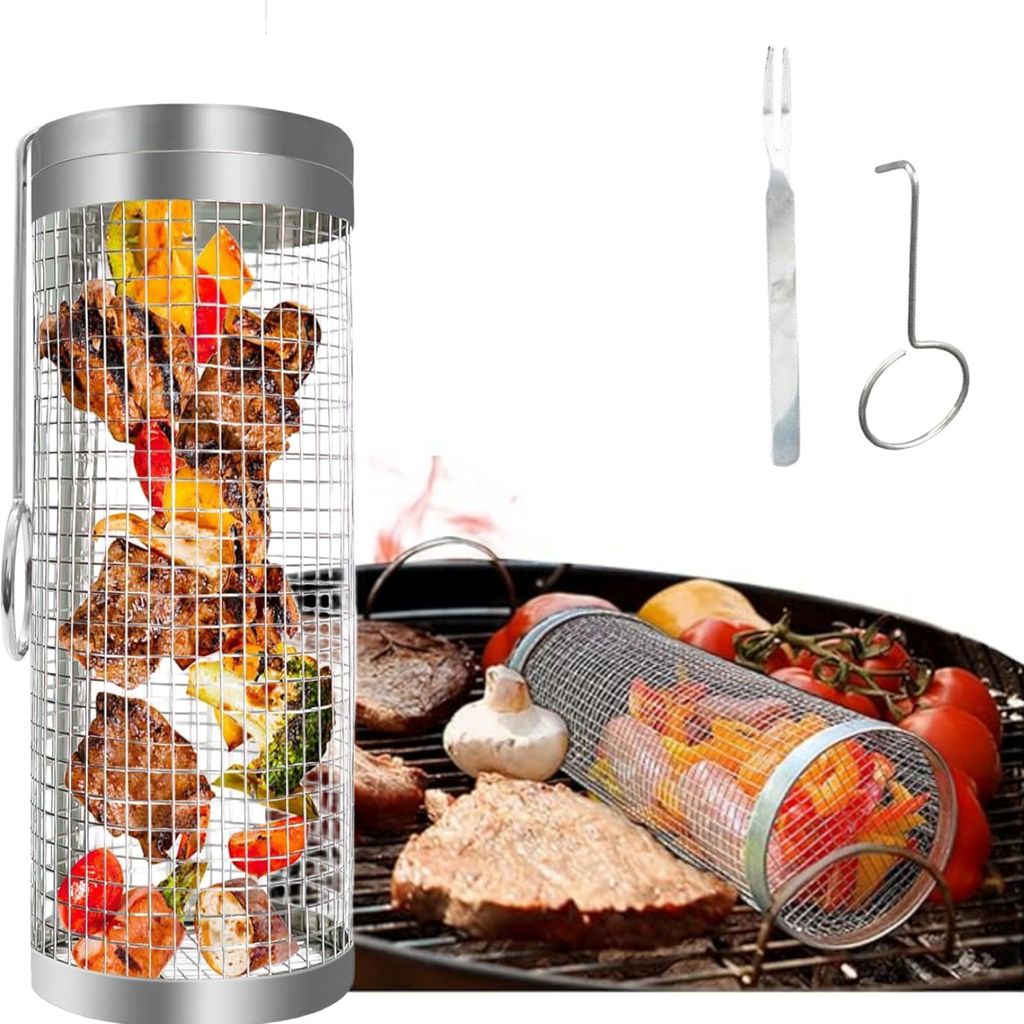 A stainless steel rolling grill basket filled with meat and vegetables, shown on a grill with other food items.