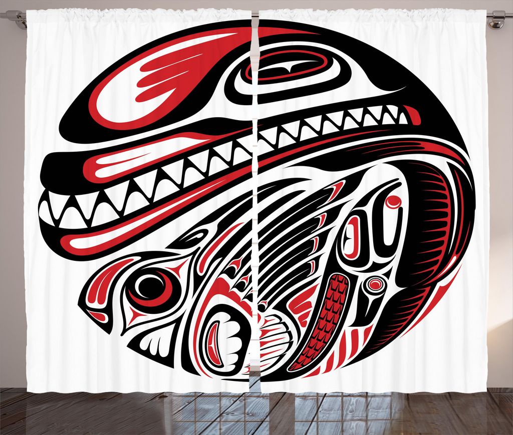 ABAKUHAUS Stammes Rustikaler Vorhang, Haida-Tierkunst, Wohnzimmer Universalband Gardinen mit Schlaufen und Haken, 280 x 175 cm, Weiß Rot Schwarz