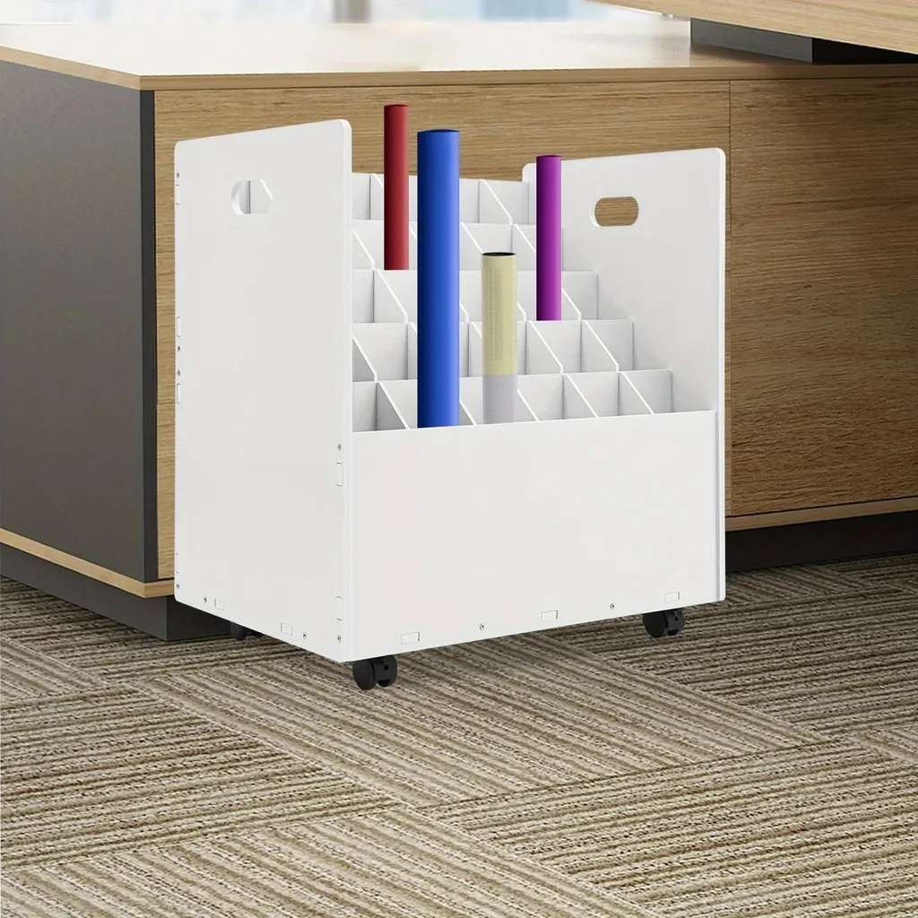 Chariot de rangement pour plans et affiches blanc avec 30 compartiments