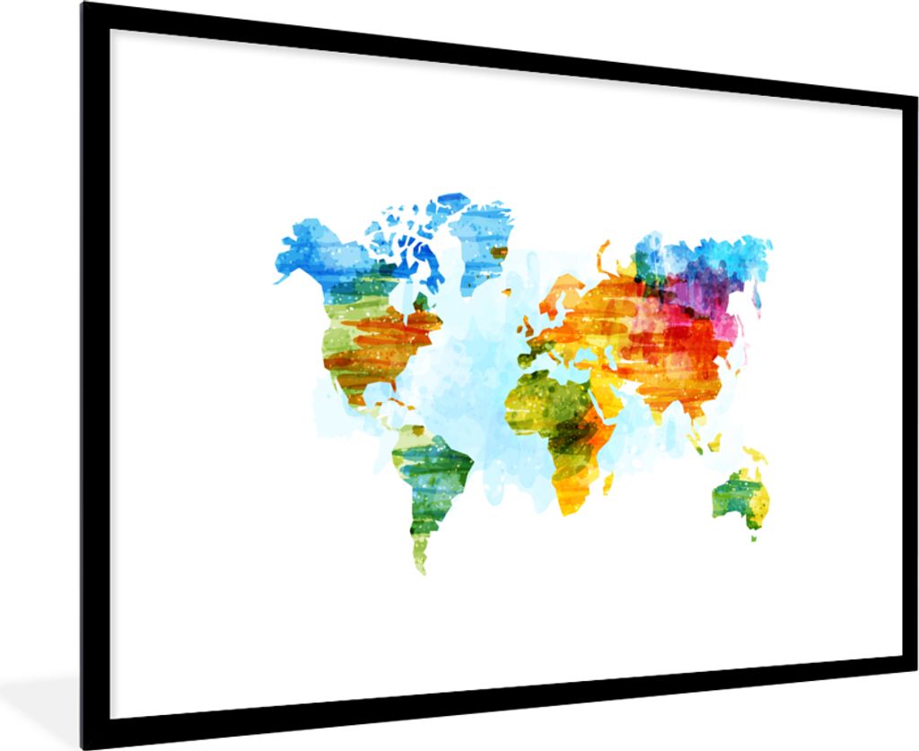MuchoWow Gerahmtes Poster Weltkarte - Aquarell - Regenbogen - Kinder - Jungen - Mädchen 90x60 cm - Poster mit Schwarzem Bilderrahmen Wandposter ...