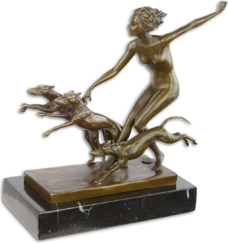 Casa Padrino Luxus Bronze Skulptur Frau mit 3 Hunden Bronze / Gold / Schwarz 21,8 x 10,8 x H. 22,9 cm - Bronzefigur mit Marmorsockel - Dekofigur