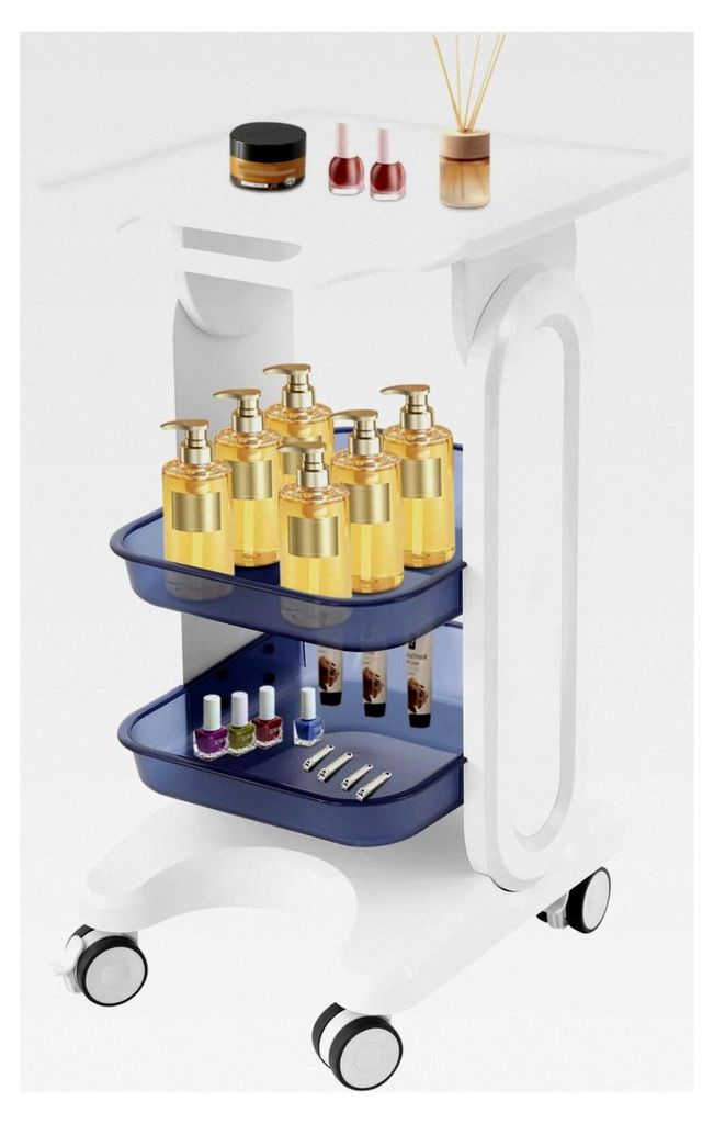 Medizinischer Wagen mit Aufbewahrungskorb, Schönheitswagen mit 3 Ebenen und 4 Universalrädern für Salon und Friseur (Weiß+Blau)