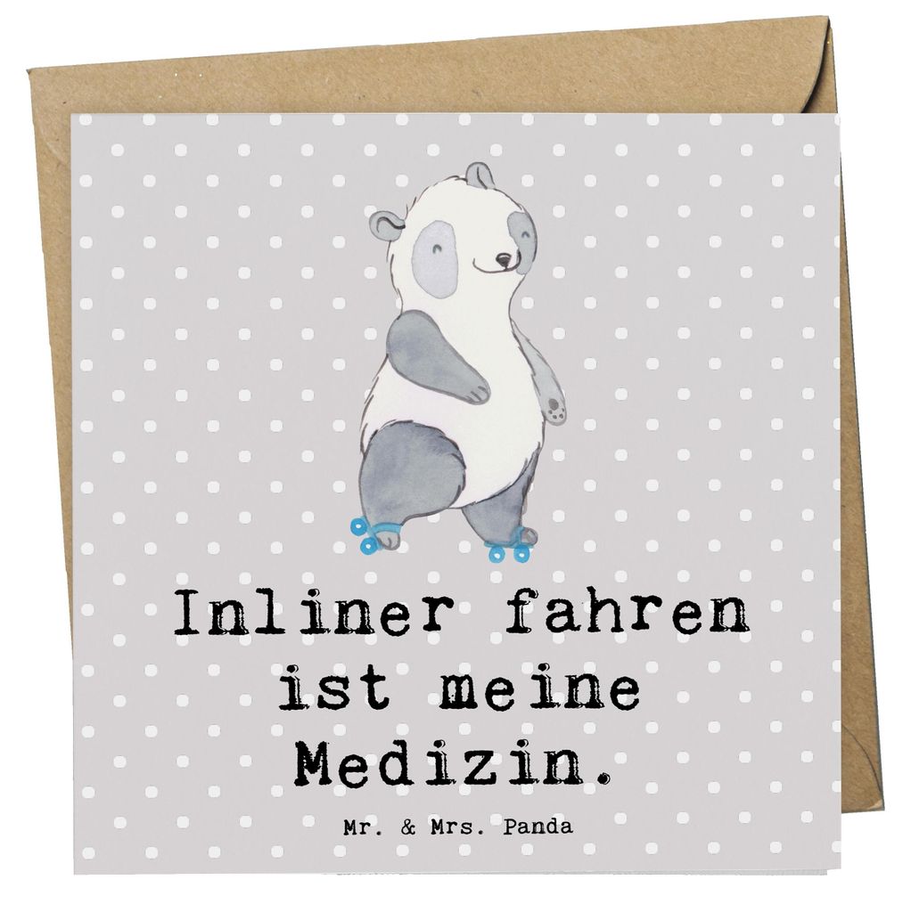 Mr. & Mrs. Panda Klappkarte Panda Inliner fahren - Grau Pastell - Geschenk, faltkarte, anlasskarte, Grußkarte, Rollschuh, doppelkarte, Glückwunsc...