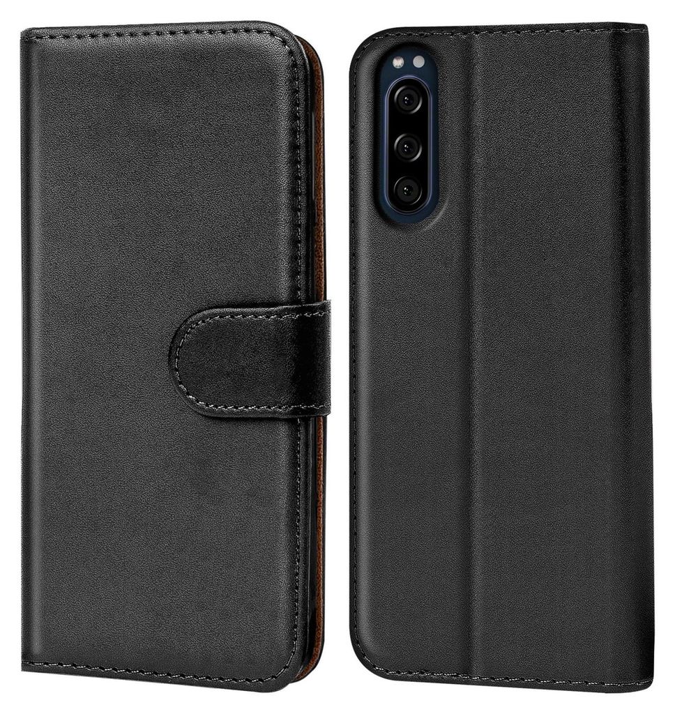 A black flip case for a smartphone, shown from the front and back.