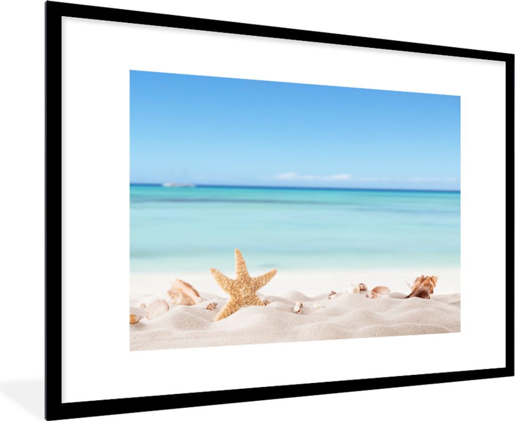MuchoWow MuchoWow Gerahmtes Poster Strand - Meer - Muscheln - Seesterne 90x60 cm - Poster mit zchwarzem Bilderrahmen - Wanddekoration - Fotos