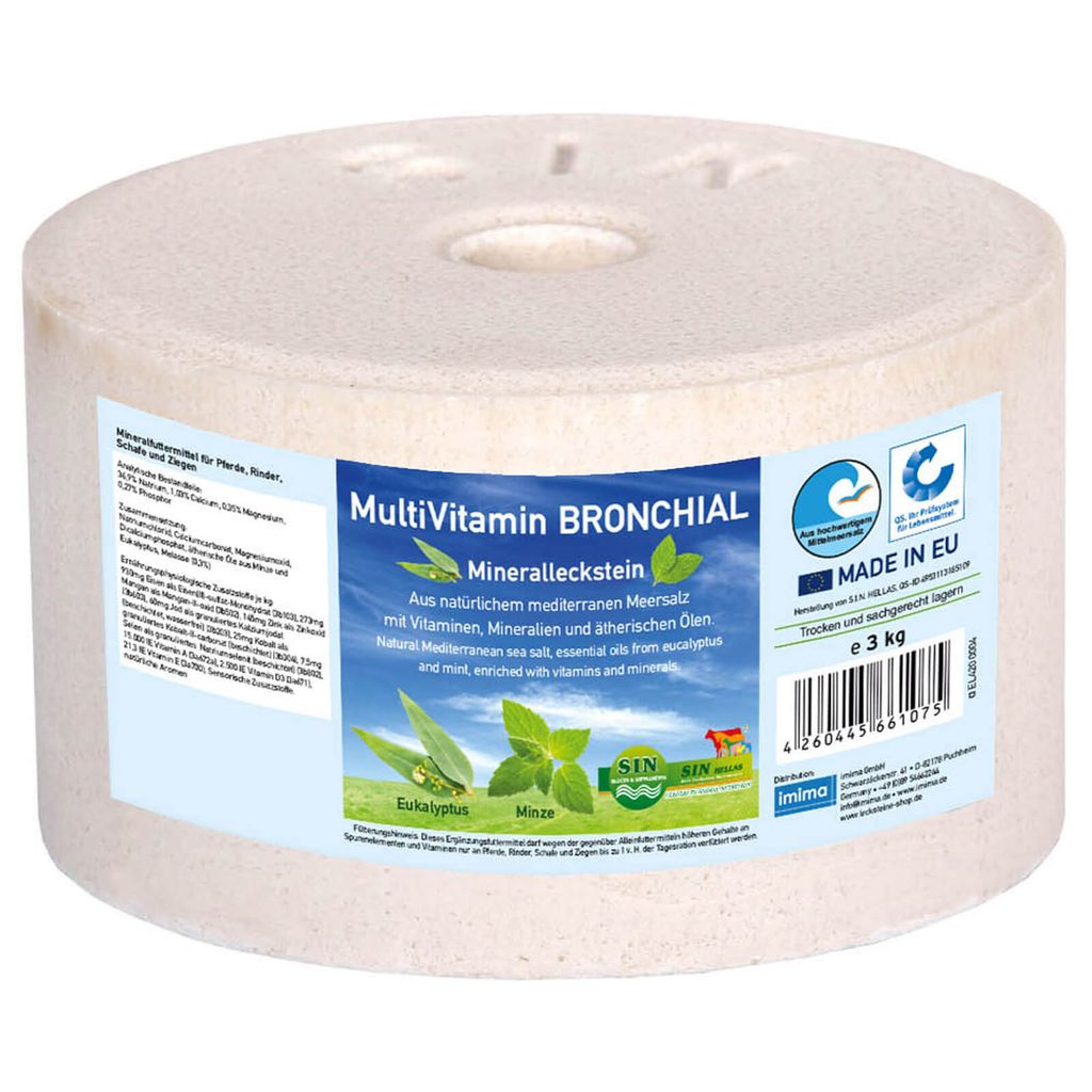 A cylindrical mineral lick for animals, with a label detailing its benefits and ingredients.