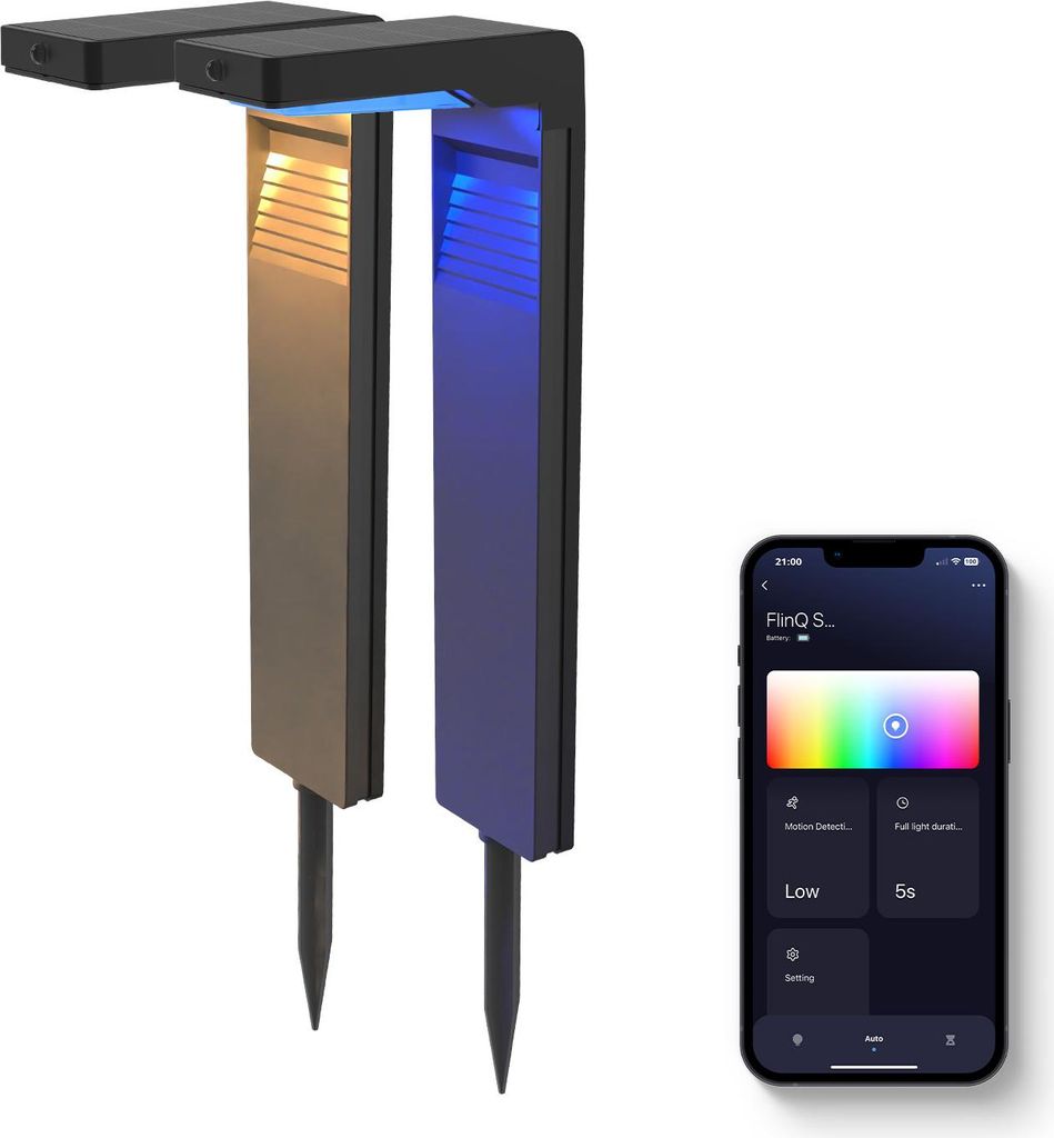 FlinQ Gaia - Smart Solar Gartenlampe - Solar Gartenbeleuchtung - Sonnenenergie - Weißes und buntes Licht - Bewegungsmelder - 2er Set - Schwarz