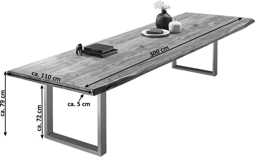Esszimmertisch 300x110 cm Valin, Akazienholz naturfarben & massiv, Baumkantentisch mit U -Gestell aus Metall Silber, echte Baumkante, Platte 50mm
