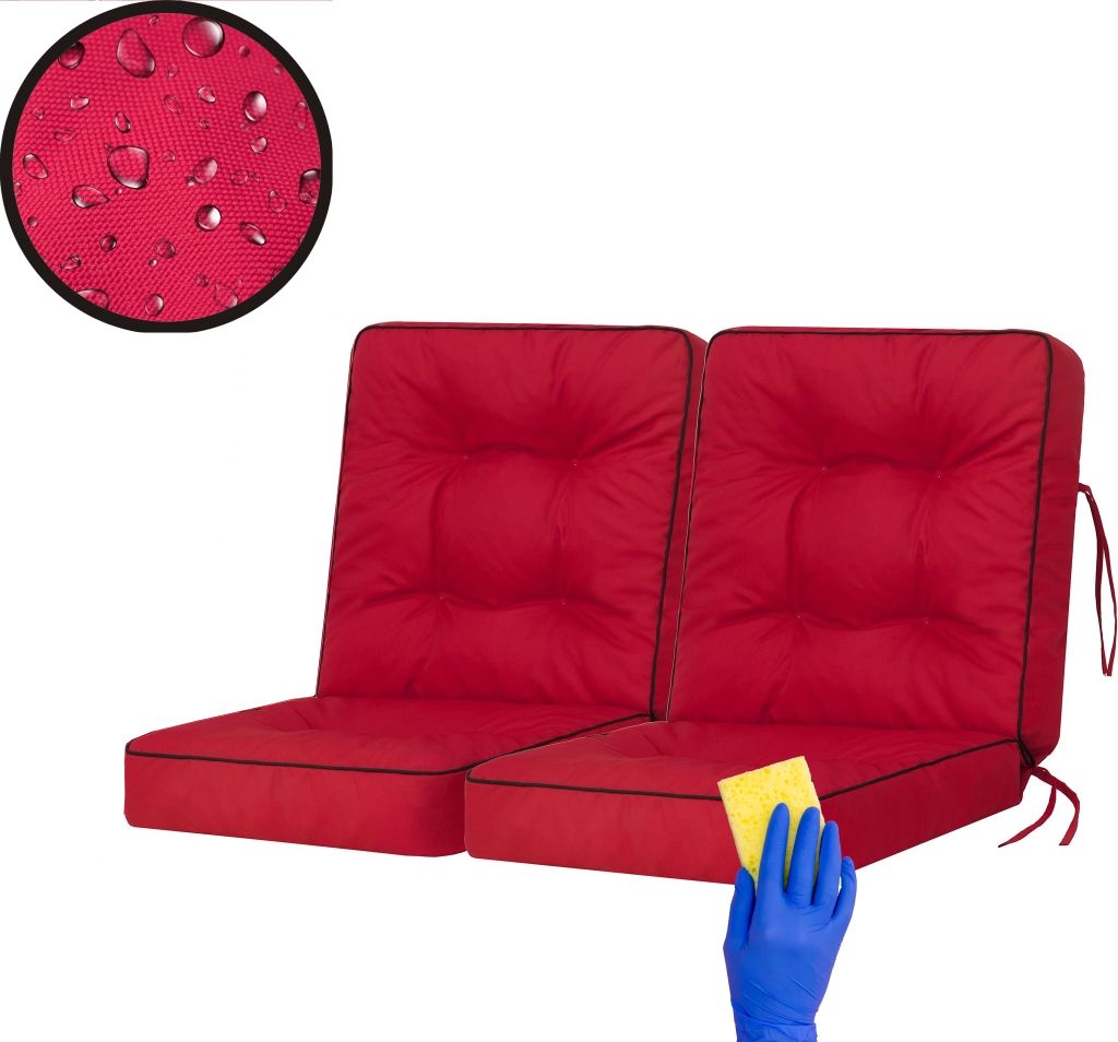 Two red cushions for a swing or bench, with a close-up inset showing water droplets on the fabric.