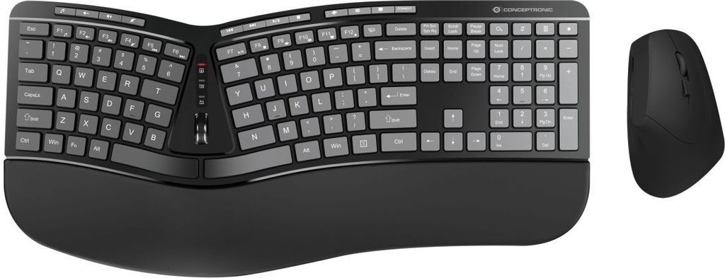 Conceptronic ERGO Kabelloses Set aus ergonomischer Tastatur und vertikaler Maus, englisch, Volle Größe (100%), Kabellos, RF Wireless, QWERTY, Sch...