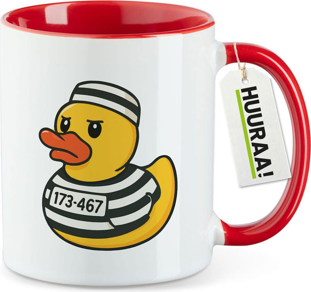 Huuraa Kaffeetasse Quietscheente Gefängnis Gummiente Knast 330ml Rot Keramik Kaffeebecher Geschenkidee