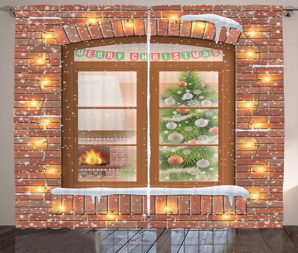 ABAKUHAUS Weihnachten Rustikaler Gardine, Blick durch ein Fenster, Schlafzimmer Kräuselband Vorhang mit Schlaufen und Haken, 280 x 175 cm, Mehrfarbig