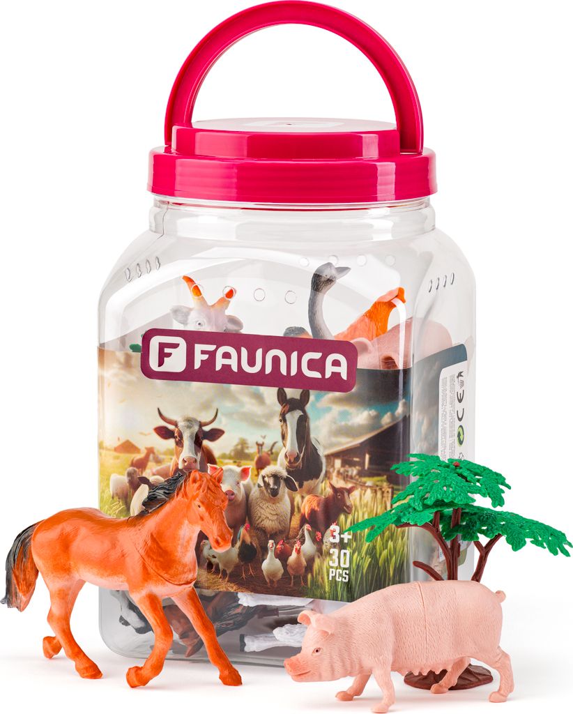 A toy farm animal set in a clear plastic container with a red lid and handle. A horse, pig, and tree are in the foreground.