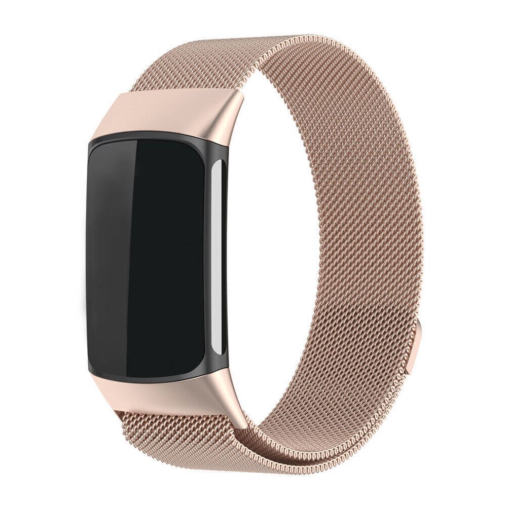 A rose gold mesh Milanese loop watch band attached to a black fitness tracker.