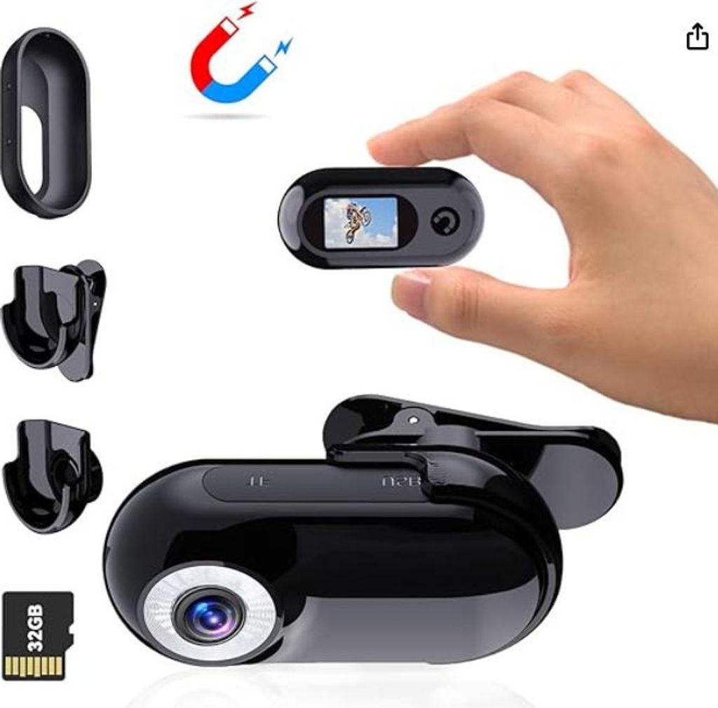 Mini Camcorder – Körperkamera mit Audio & Videoaufnahme, Full HD 1080P, inkl. 32GB Speicherkarte, Helmkamera & Zubehör