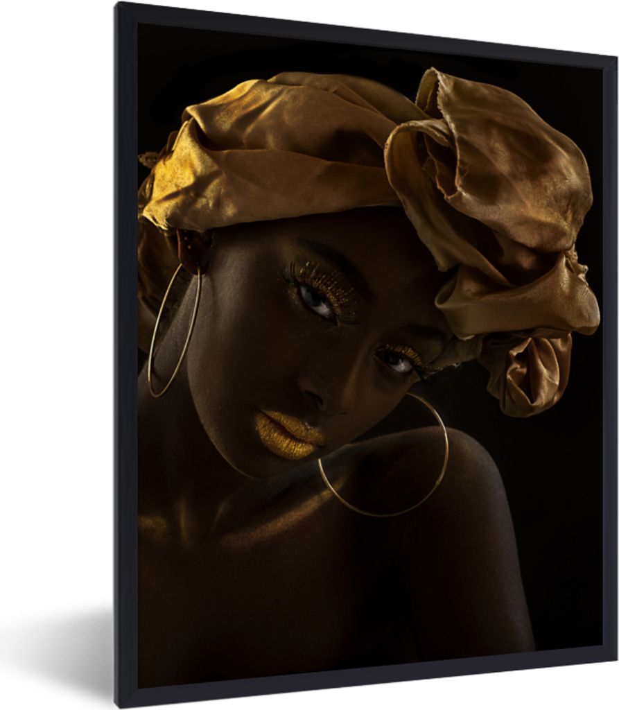 MuchoWow Gerahmtes Poster Frauen - Kopftuch - Gold - Luxus 60x80 cm - Poster mit Schwarzem Bilderrahmen Wandposter Rahmen Foto Bilder - Premium -...