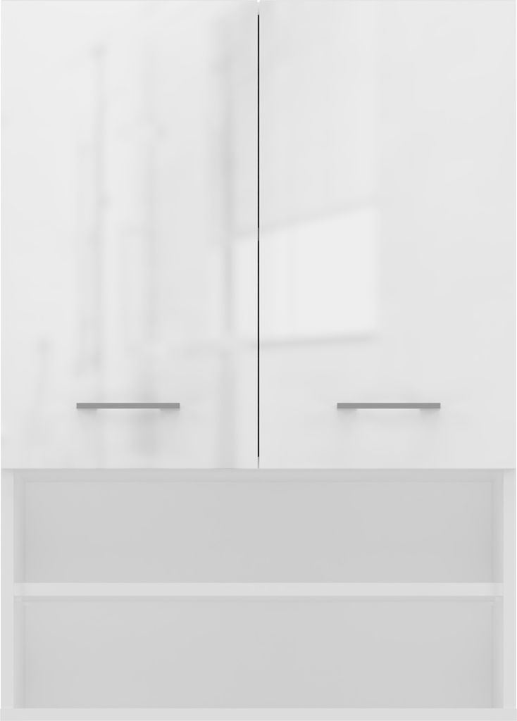 A front view of a white cabinet with two doors and two open shelves below.