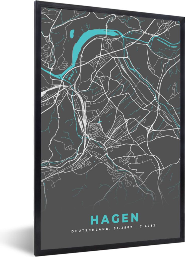 MuchoWow Gerahmtes Poster Karte - Stadtplan - Hagen - Deutschland - Blau 20x30 cm - Poster mit Schwarzem Bilderrahmen Wandposter Rahmen Foto Bild...