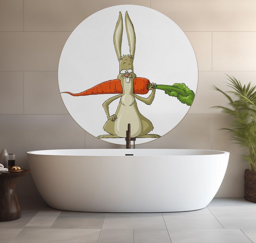 Wallario wasserfestes Poster selbstklebend 120 x 120 cm, Lustiger Hase mit Möhre im Comic Stil, Badezimmerposter Spritzschutz mit Hochglanzoberfl...