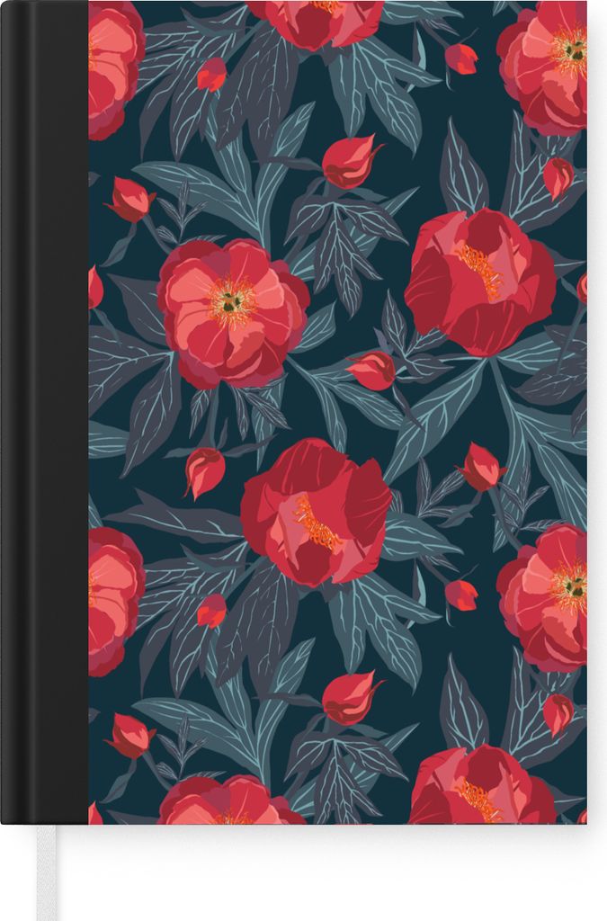 MuchoWow Notizbuch Tagebuch Haushaltsbuch Notebook A5 Blumen - Rot - Blätter - Muster - Notizblock - Notizheft - Notebook - Schreibblock - Papier