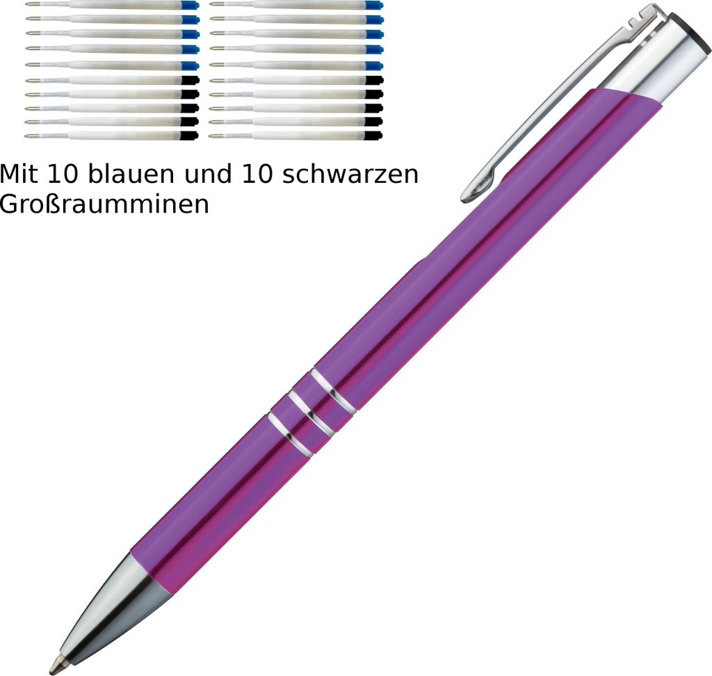 10 Kugelschreiber aus Metall / je 10 schwarze + blaue Minen / Farbe: lila
