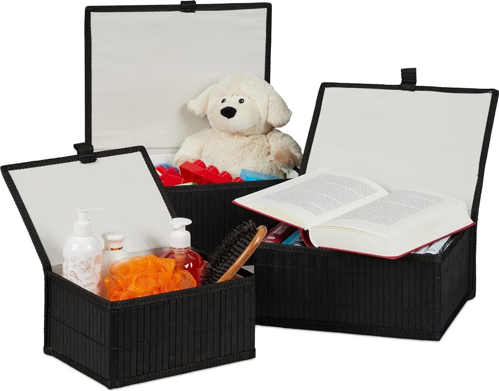 Relaxdays Aufbewahrungskorb 3er Set, Deckel & Stoffeinsatz, Produktbild 