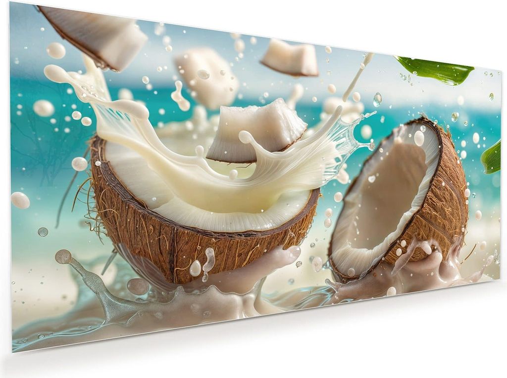 Glasbild 80x40cm in XXL für Wohnzimmer, Schlafzimmer Motiv Kokosnuss Splash