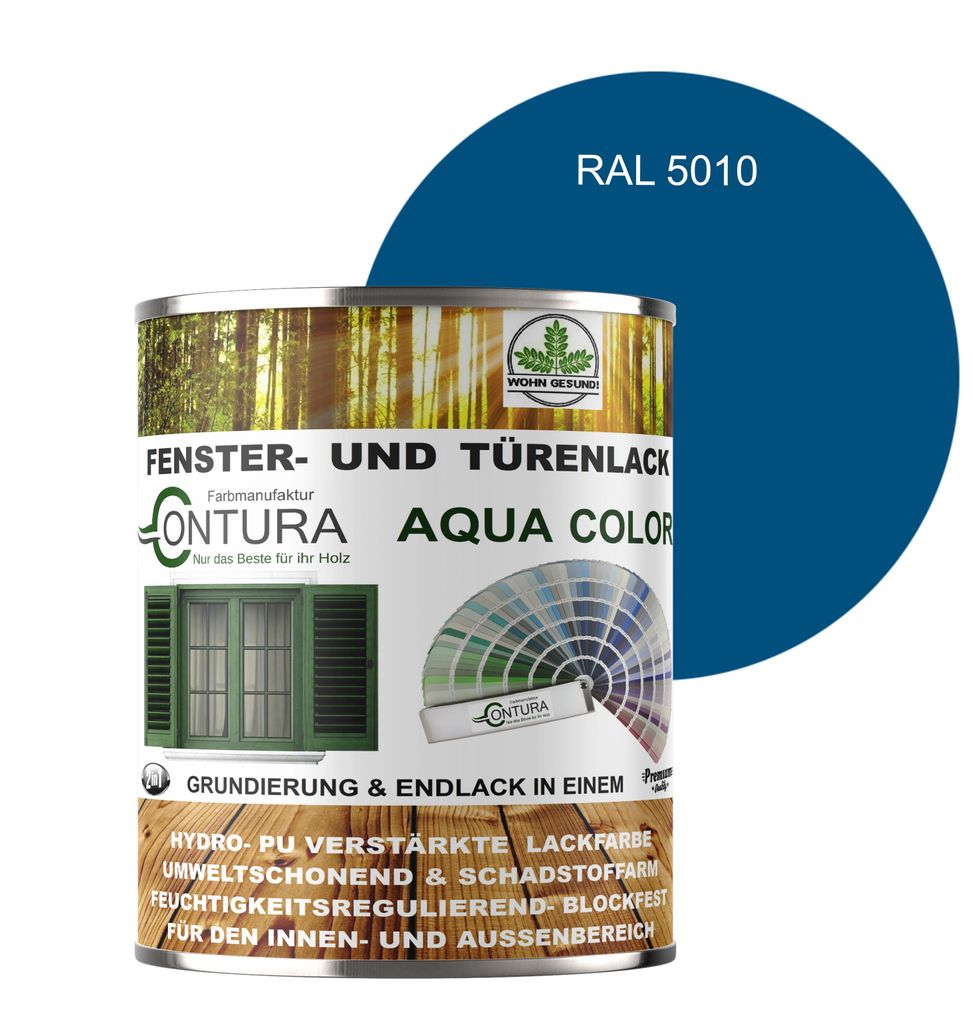 Contura 750ml Fenster und Türenlack Glänzend nach RAL 2in1 mit Pinsel Möbellack Innen und Außen Holzlack - RAL 5010 Enzianblau