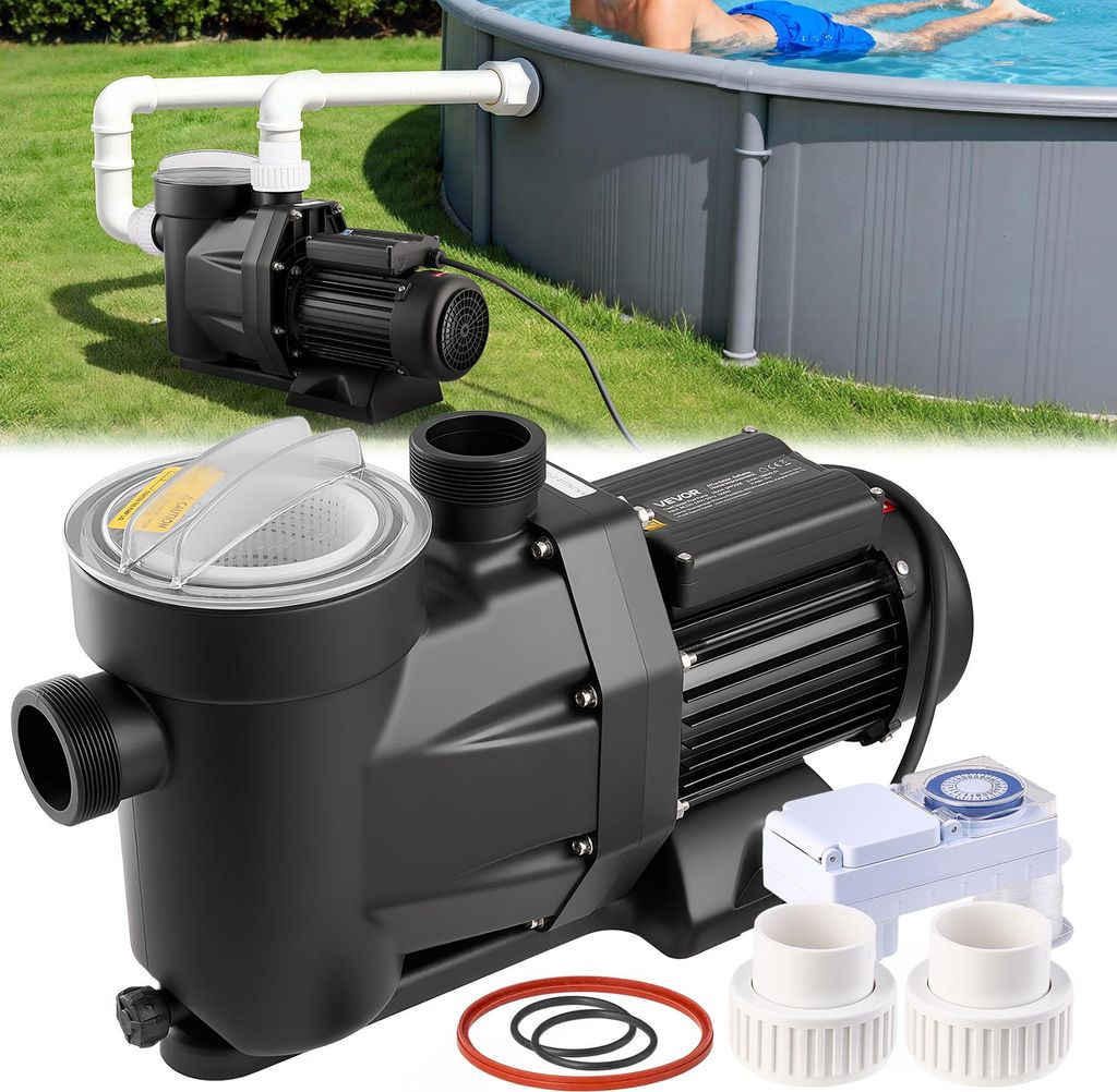 VEVOR Poolpumpe, 1300 W, 28.800 L/H max. Fördermenge, Einstufige Schwimmbadpumpe, 2850 U/min, 17 m max. Förderhöhe, mit 24-Stunden-Timer & Filte...