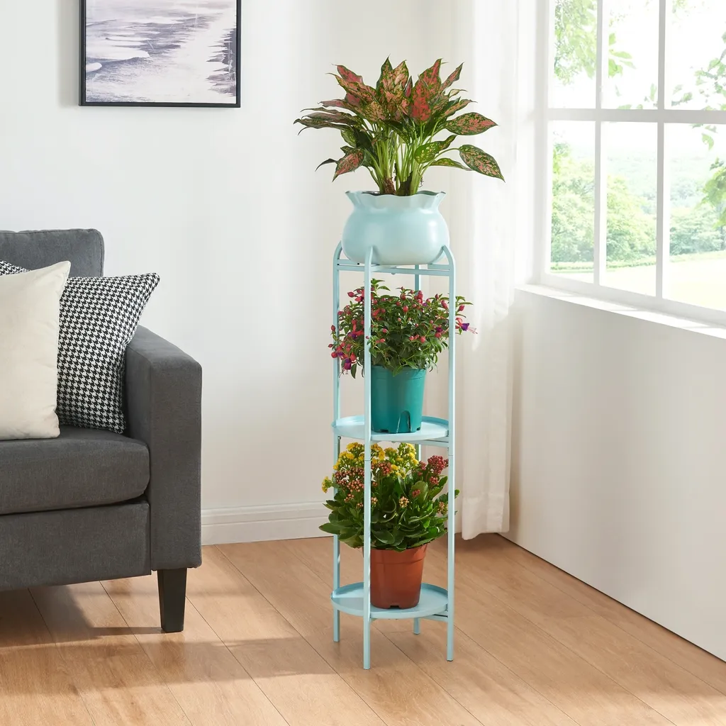 Support plantes haut gain de place métal bleu clair avec pot de fleurs
