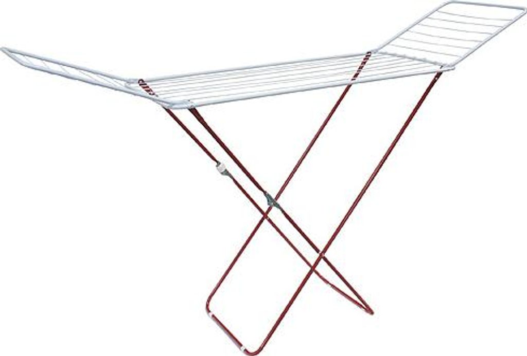 A white and red foldable drying rack against a white background.