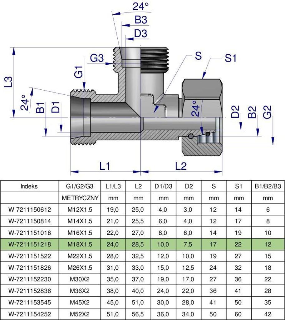 Asymmetrisches metrisches Hydraulik-T-Stück BBA M18x1,5 12L (XEVL) Waryński (verkauft im 5er-Set)